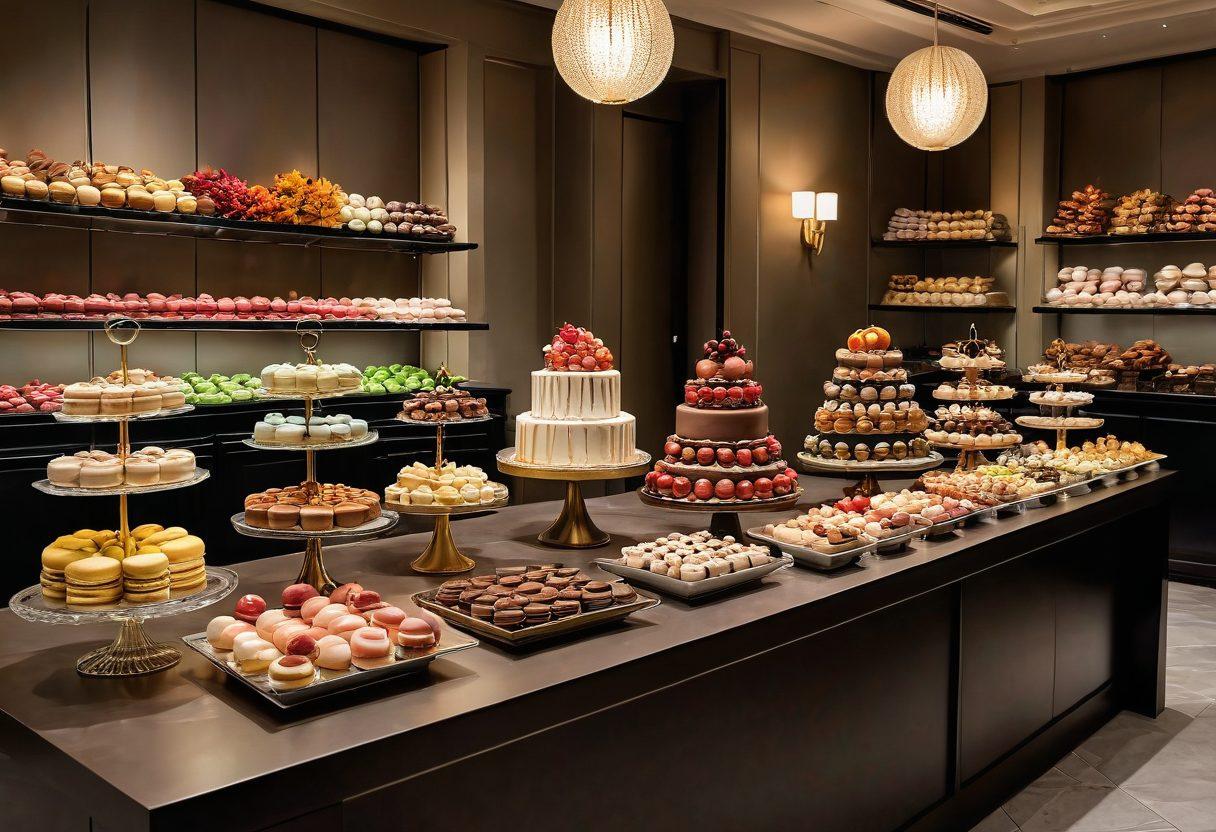 A decadent dessert table laden with elegant pastries, handcrafted chocolates, colorful macarons, and artistically decorated cakes, all set in a luxurious, modern patisserie. The atmosphere exudes indulgence and sophistication, with warm ambient lighting and stylish, upscale decor accents. super-realistic. vibrant colors.