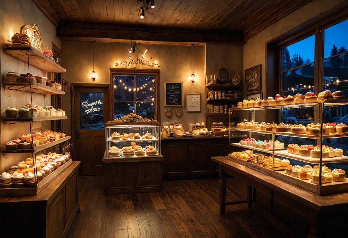 A playful and inviting bakery scene packed with deliciously decorated cakes, scrumptious cookies, and assorted sweets displayed on a wooden table in a cozy café. The setting exudes warmth with soft glowing lights and a vintage charm. The treats are colorful and intricately detailed, making them look irresistible. super-realistic. vibrant colors. warm and inviting atmosphere.