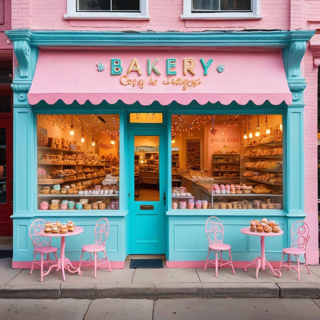 A whimsical bakery scene featuring an array of beautifully decorated cookies and cupcakes, with vibrant pastel colors and intricate designs. Include a cozy, inviting atmosphere with a vintage bakery storefront and playful elements like sprinkles and icing swirls. Ensure smiling bakers at work, and a couple of delighted customers - one child and one adult - selecting their treats. super-realistic. vibrant colors. warm lighting.